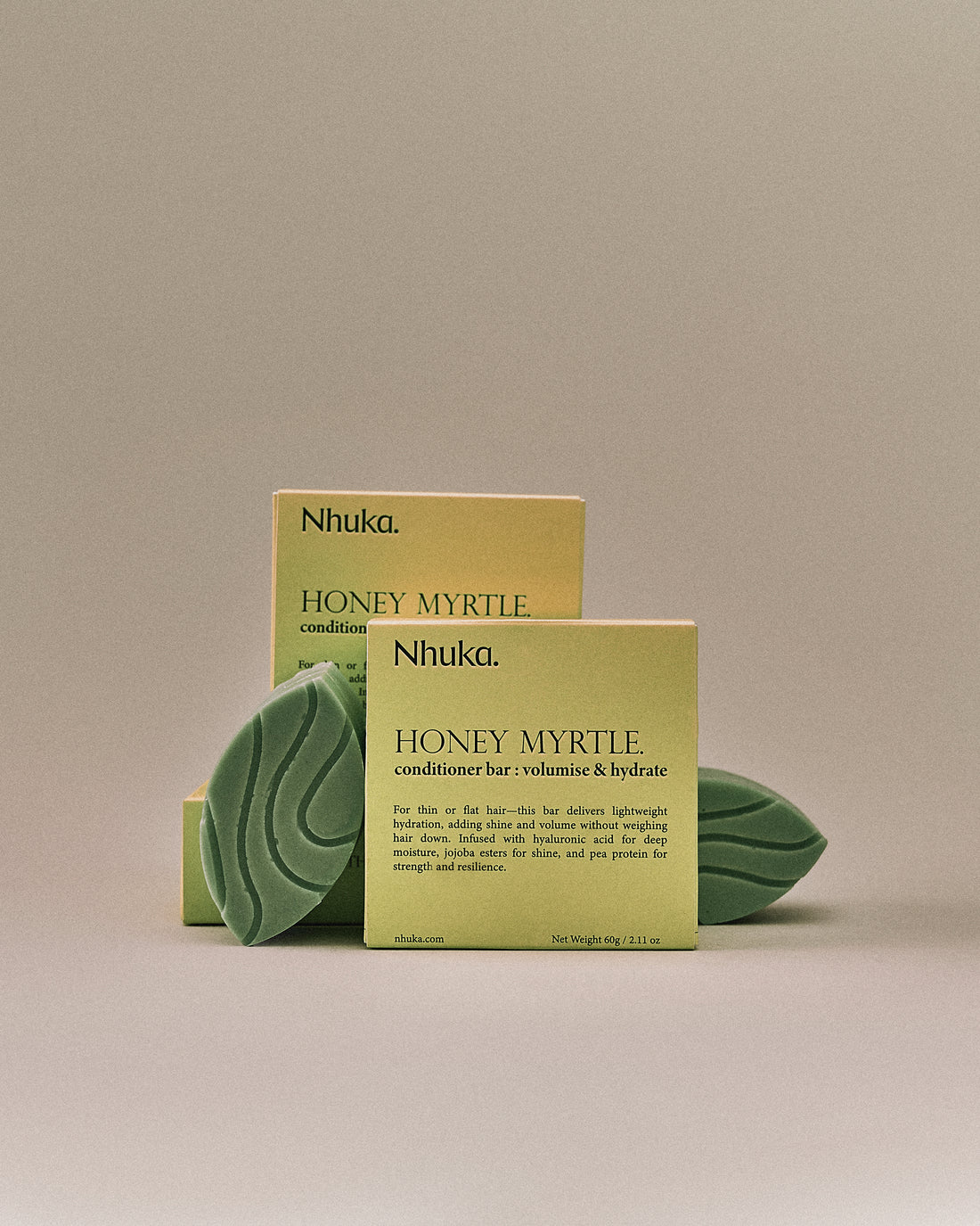 Nhuka Honey Myrtle conditioner bar with FSC-certified box. Handmade in Australia, silicone-free and pH-balanced, designed to volumise, hydrate, and strengthen hair.