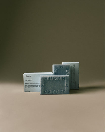 Nhuka Ocean One Bar with cooling menthol, shown with sustainable packaging. Handmade in Australia, pH-balanced, sulfate-free, silicone-free, and organic. Designed for hair, face, and body with a refreshing scent.