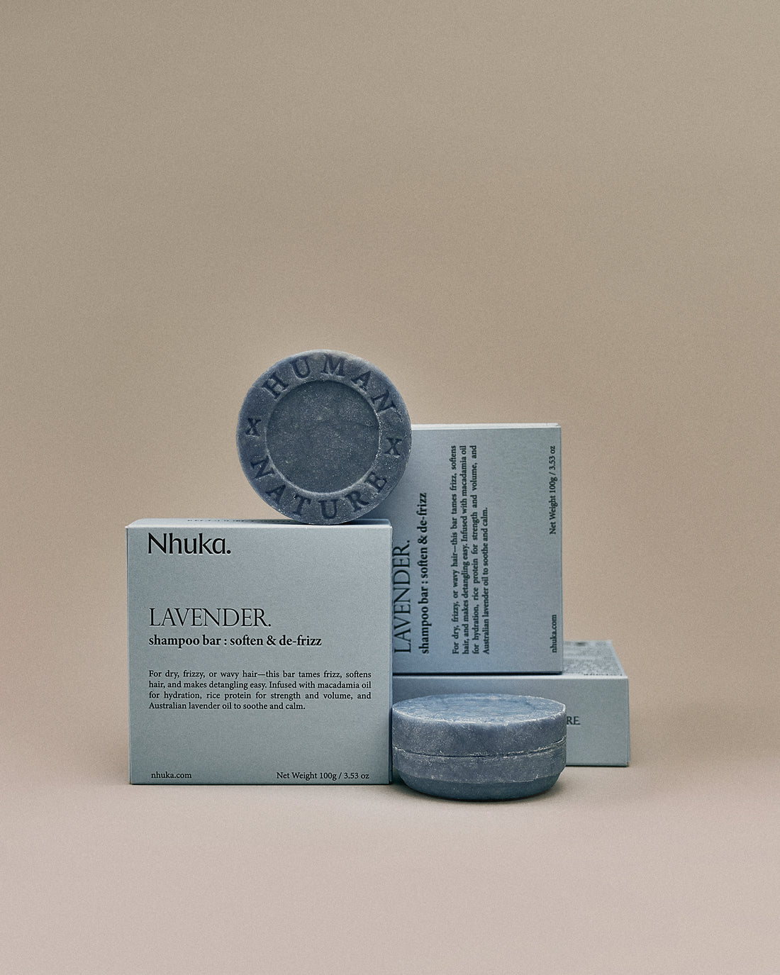 Nhuka lavender shampoo bar with FSC-certified packaging. Handmade in Australia, sulfate- and silicone-free, designed to hydrate, calm, and de-frizz hair.