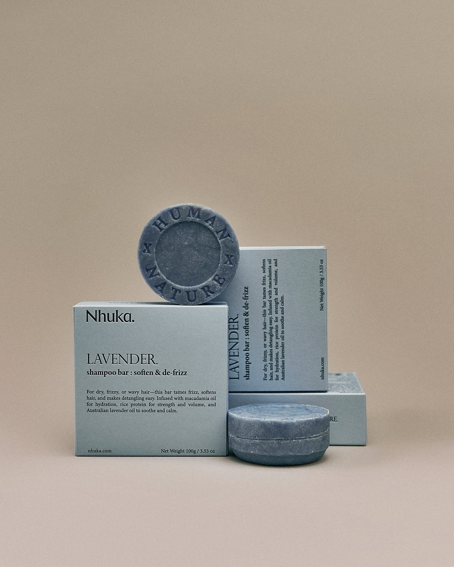 Nhuka lavender shampoo bar with FSC-certified packaging. Handmade in Australia, sulfate- and silicone-free, designed to hydrate, calm, and de-frizz hair.